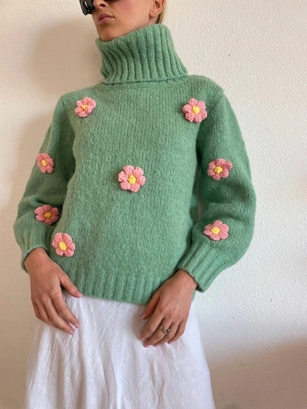 Stylish Vintage Knitted Sweater with 3D Flowers – Size S