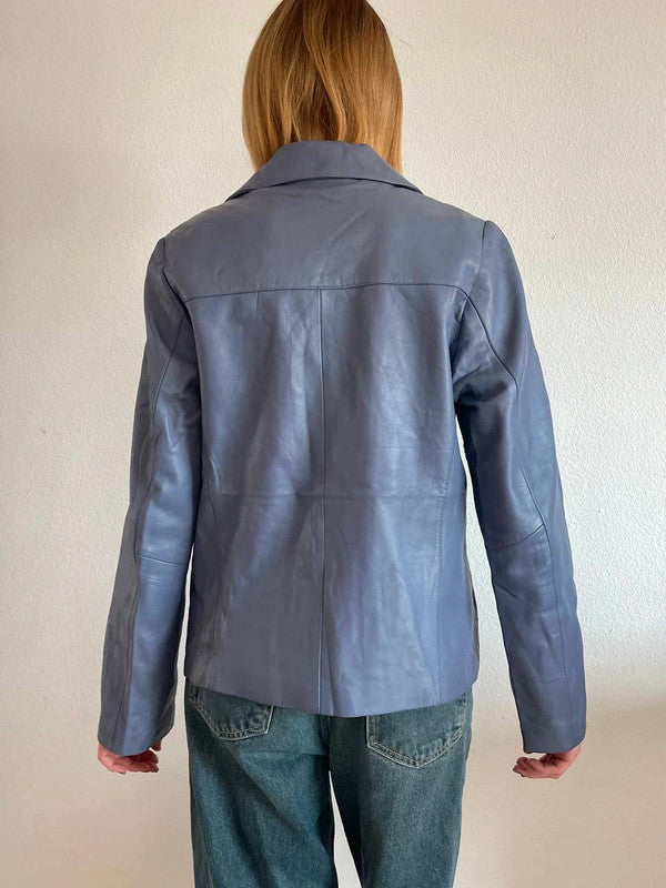 Trendy Vintage Blue Biker Jacket with Double Zipper – Size M