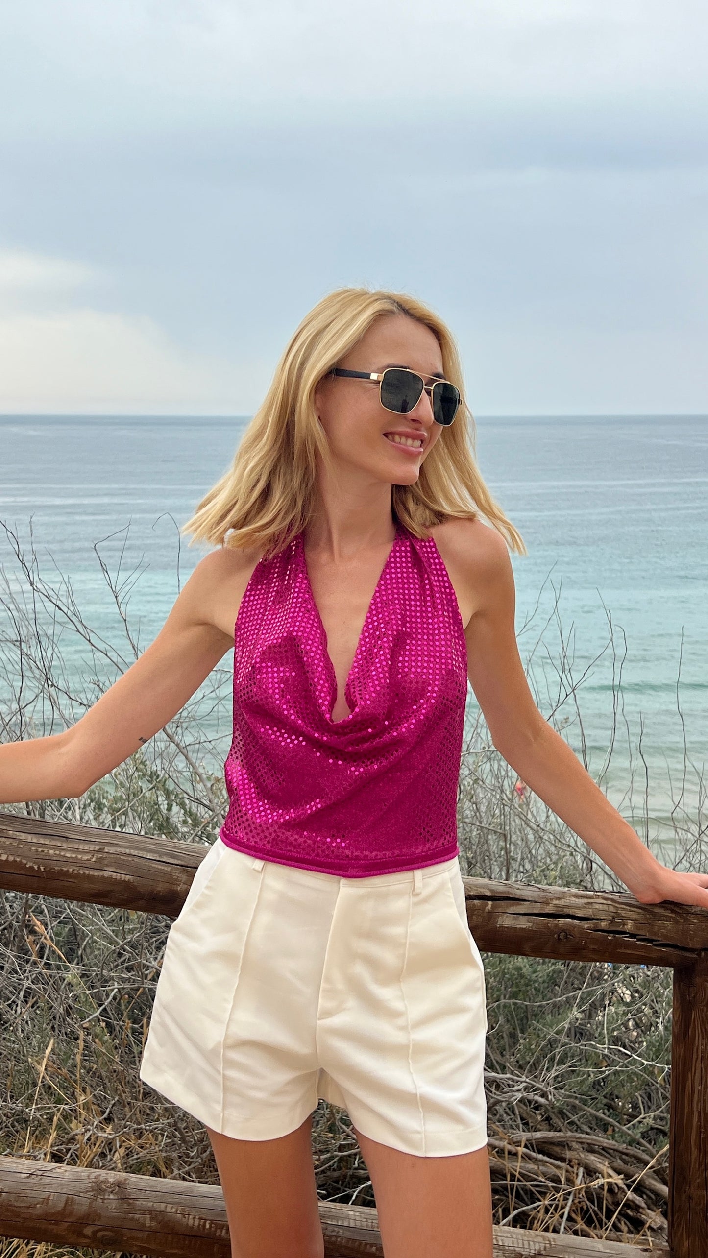 ‘Fuchsia Drama Ibiza’ fuchsia sequins shimmer top one size
