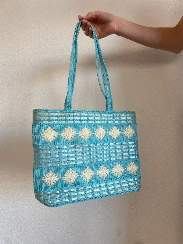 Vintage Woven Tote Bag in Blue Tones