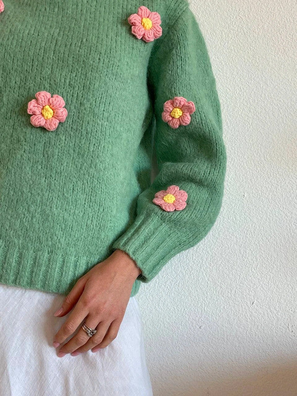 Stylish Vintage Knitted Sweater with 3D Flowers – Size S