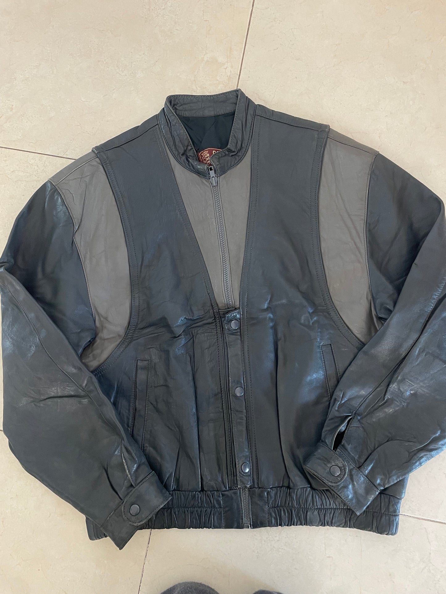 Vintage Leather Biker Jacket Black & Grey Size S