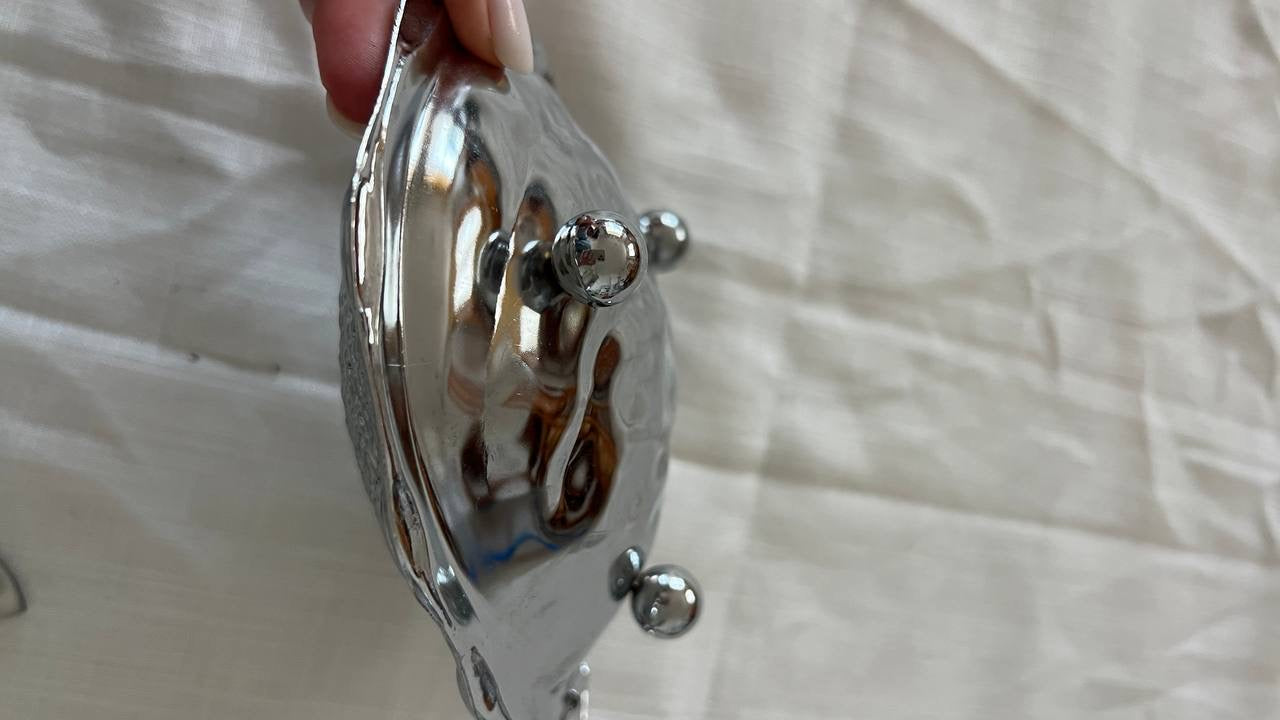 Elegant Large Shell-Shaped Box with Iridescent Glass Plate & Spoon – Rare Vintage Treasure