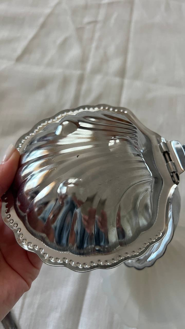 Silver Shell-Shaped Box with Spoon & Plastic Plate – Perfect Condition