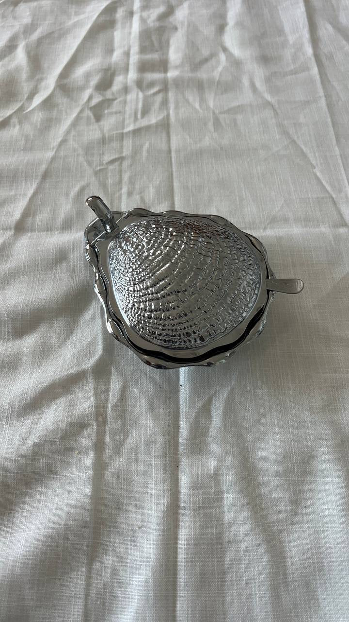 Elegant Large Shell-Shaped Box with Iridescent Glass Plate & Spoon – Rare Vintage Treasure