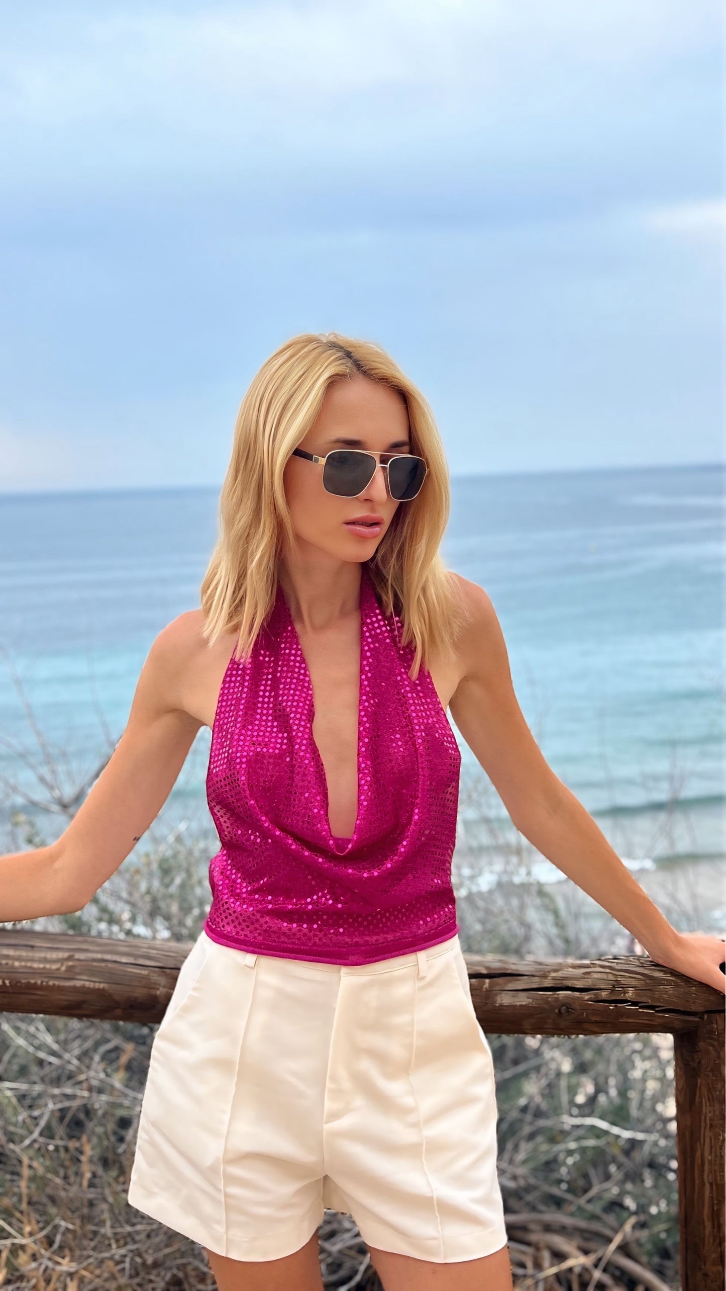 ‘Fuchsia Drama Ibiza’ fuchsia sequins shimmer top one size