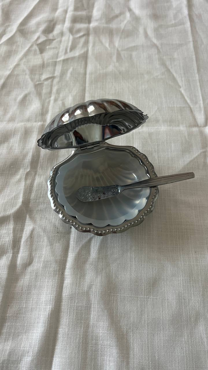 Silver Shell-Shaped Box with Spoon & Plastic Plate – Perfect Condition