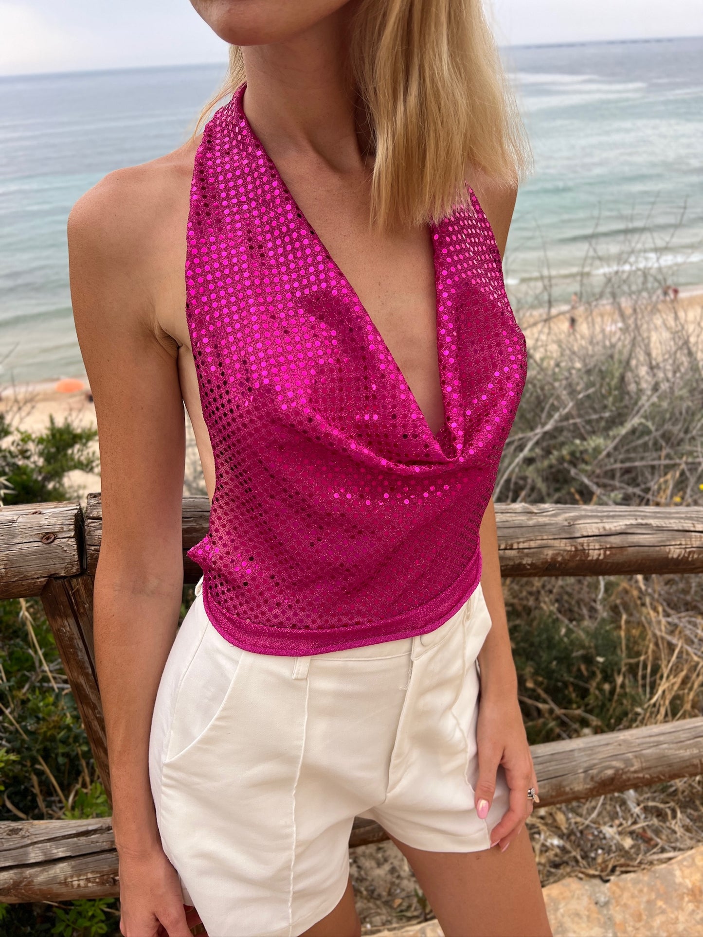 ‘Fuchsia Drama Ibiza’ fuchsia sequins shimmer top one size