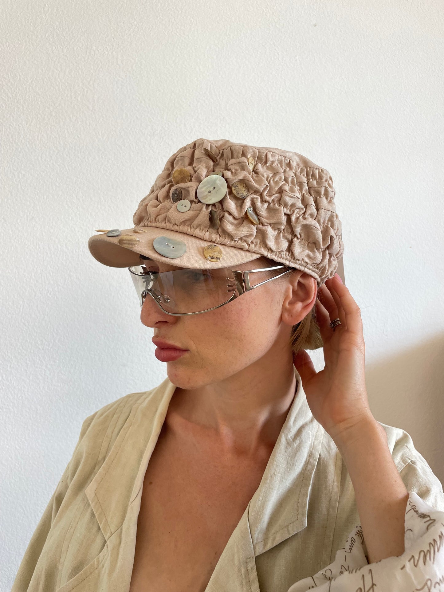 Stylish Vintage Beige Beaded Cap – One Size