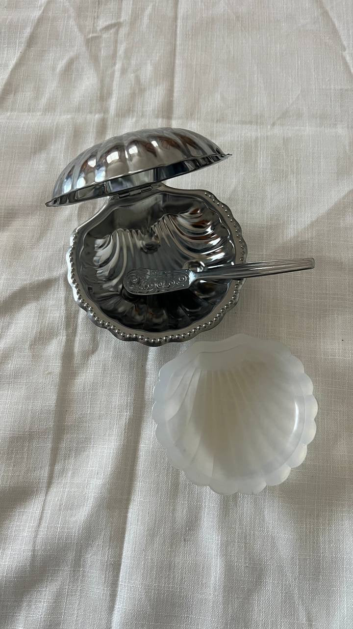Silver Shell-Shaped Box with Spoon & Plastic Plate – Perfect Condition