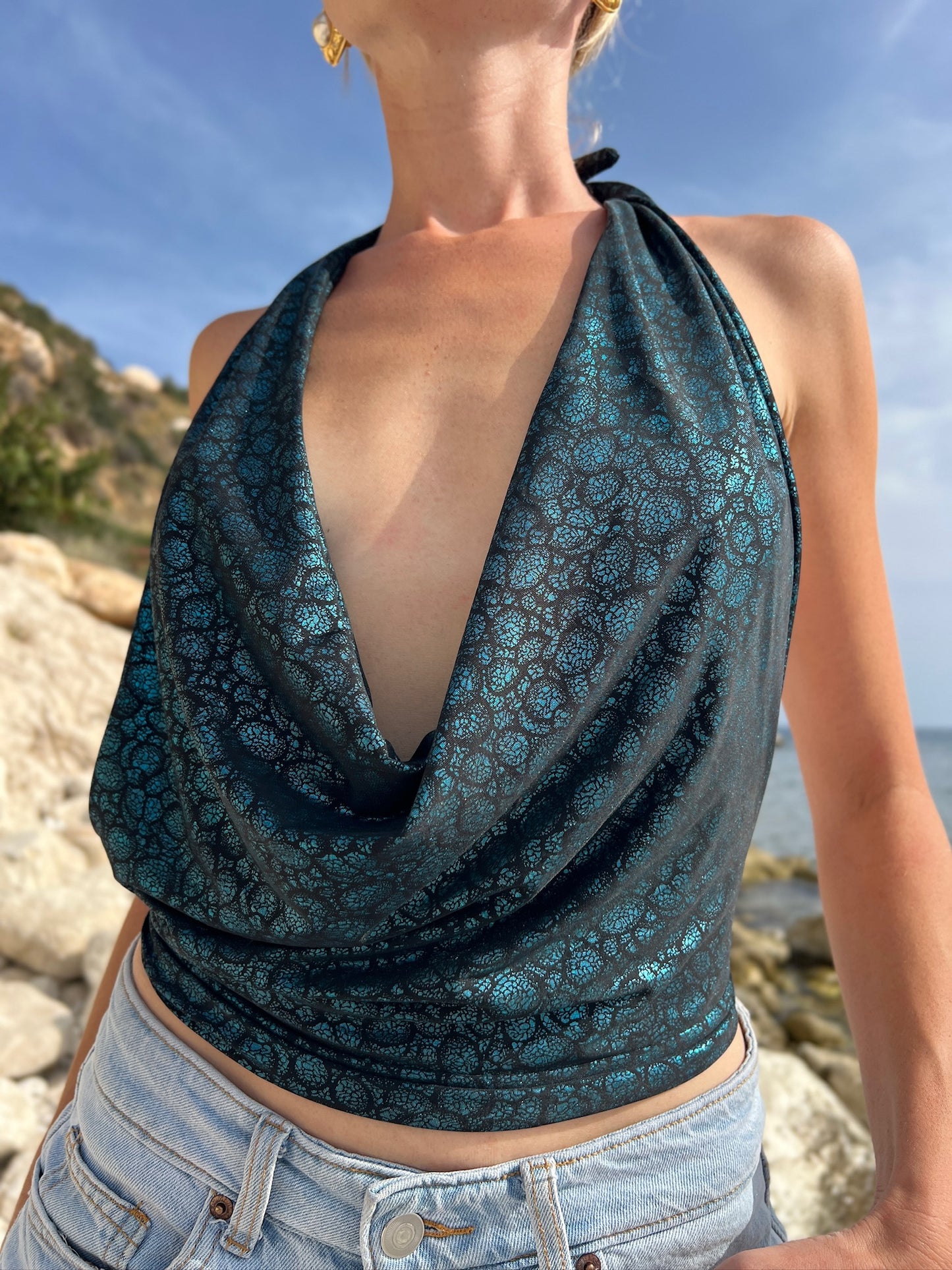 ‘Green Goddess’ Ibiza upcycled Y2K halter top one size