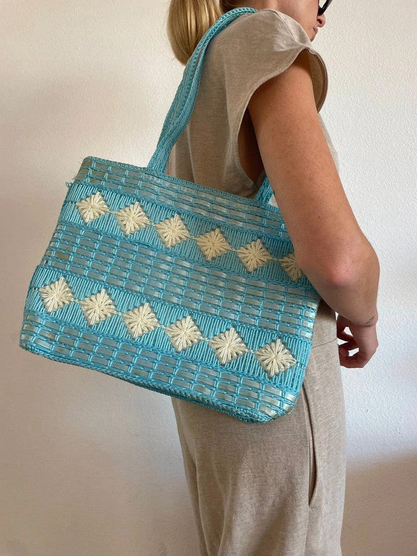 Vintage Woven Tote Bag in Blue Tones