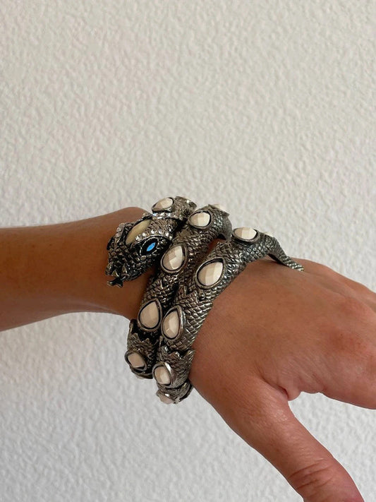 Vintage Silver Snake Bracelet with Gemstones - Stylish and Trendy