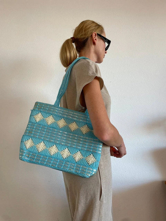 Vintage Woven Tote Bag in Blue Tones
