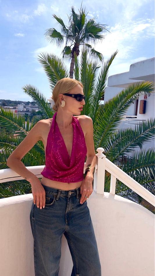 ‘Fuchsia Drama Ibiza’ fuchsia sequins shimmer top one size
