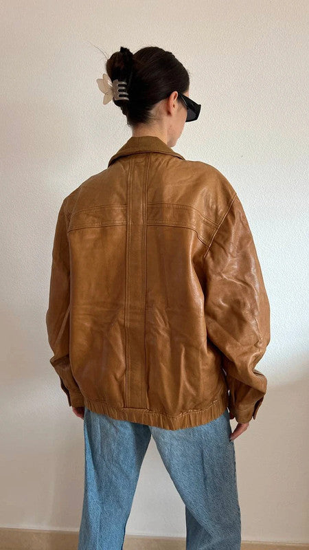 Vintage 90s Mustard Leather Bomber Jacket – Oversized & Durable