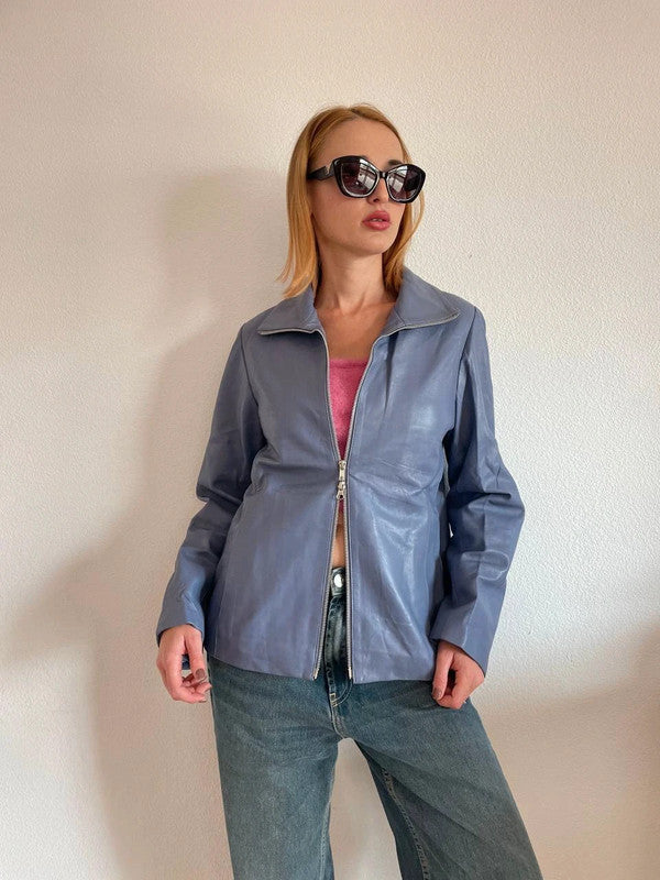 Trendy Vintage Blue Biker Jacket with Double Zipper – Size M