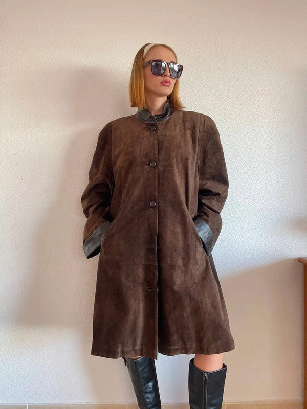 Vintage Suede Brown Coat – Stylish & Trendy, Size L