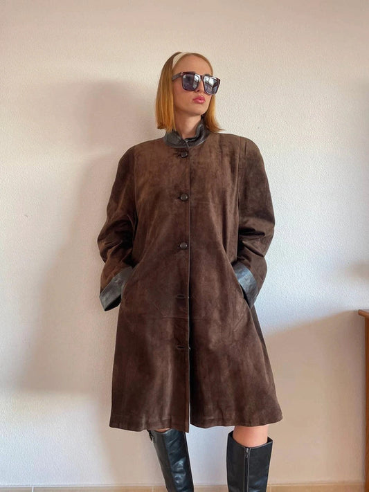 Vintage Suede Brown Coat – Stylish & Trendy, Size L