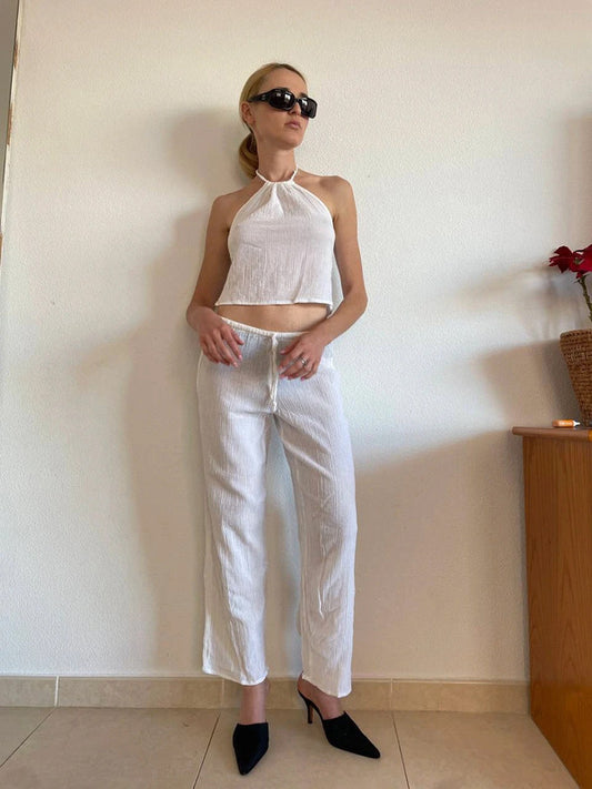 Vintage White Summer Suit – Pants & Top (S)