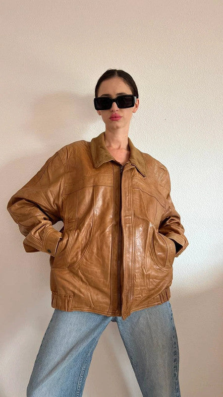 Vintage 90s Mustard Leather Bomber Jacket – Oversized & Durable