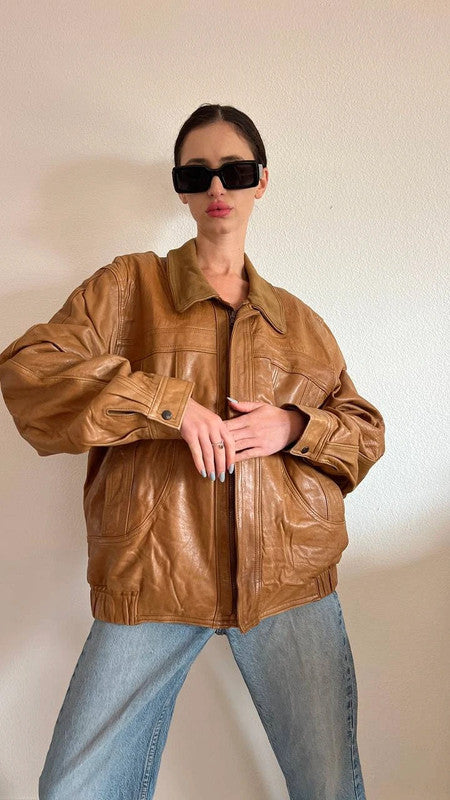 Vintage 90s Mustard Leather Bomber Jacket – Oversized & Durable